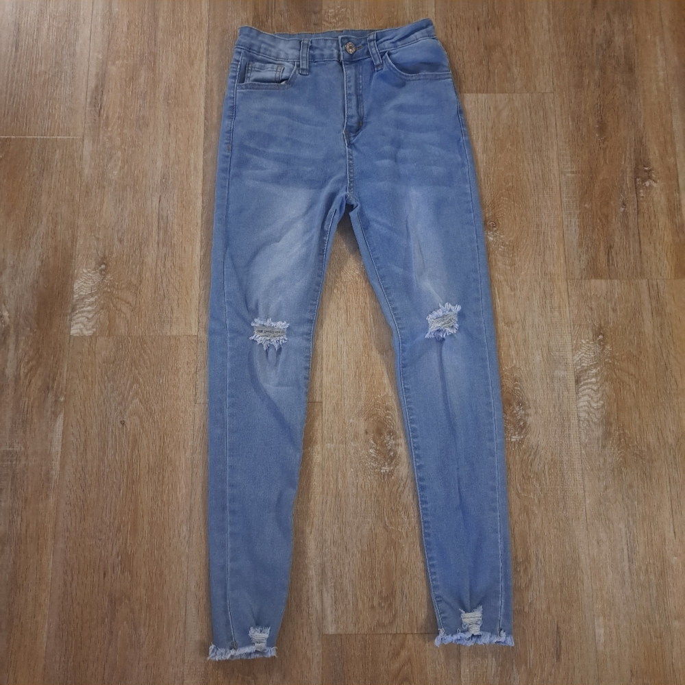 SHEIN Light-wash Skinny Jeans Mid-to-high Rise Waist Distressed Frayed Size US 4